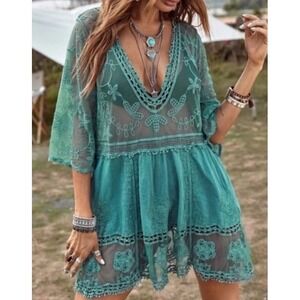 Turquoise Lace Crochet Boho Folk Tunic Dress Blouse Top Cover-Up Womens One Size